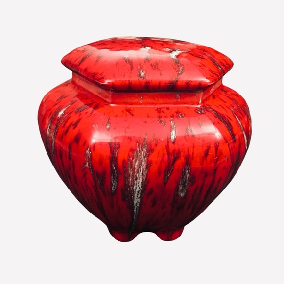 Vintage Red Pottery Hexagonal Ceramic Lidded Jar Urn 5.5" Drip Spot Glaze Signed - Picture 2 of 14